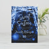 Elegant Navy Blue String Lights Foto Sweet 16 Einladung (Stehend Vorderseite)