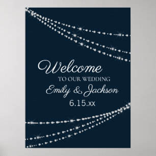 Elegant Navy Blue String Lights Hochzeit Poster