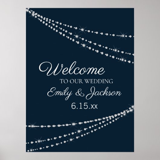 Elegant Navy Blue String Lights Hochzeit Poster (Vorne)