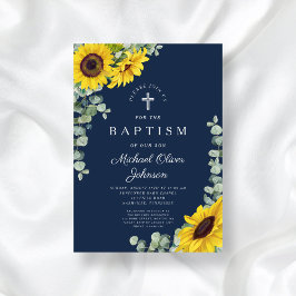 Elegant Navy Blue Sunflower Cross Taufen Einladung
