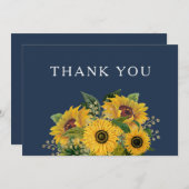Elegant Navy Blue Sunflowers Hochzeit Dankeskarte (Vorne/Hinten)