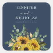 Elegant Navy Blue Sunflowers Hochzeit Quadratischer Aufkleber (Vorderseite)
