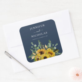 Elegant Navy Blue Sunflowers Hochzeit Quadratischer Aufkleber