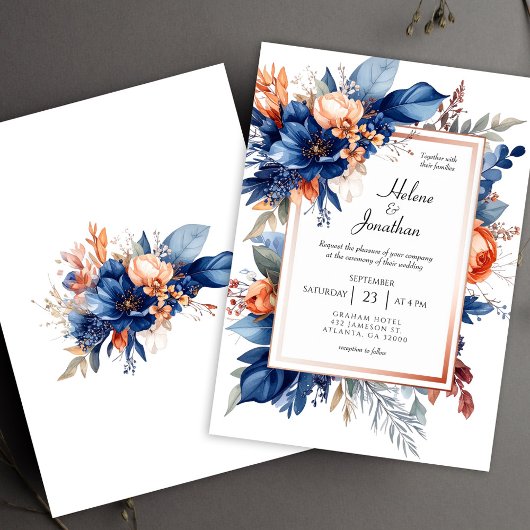 Elegant Navy Blue Terracotta Floral Boho Wedding Einladung