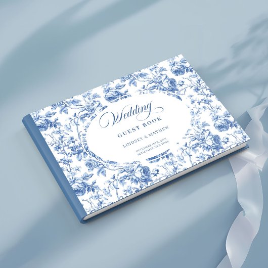 Elegant Navy Blue Toile de Jouy Roses Guest Book Gästebuch