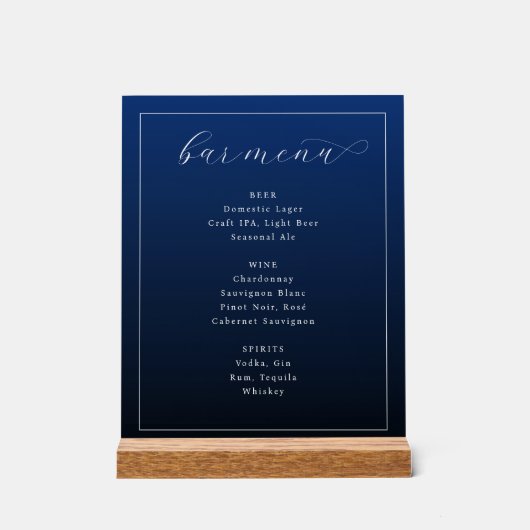 Elegant Navy Blue Typographic Bar Menu Acrylschild (Vorderseite)