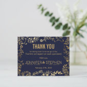 Elegant Navy Blue und Gold Floral Vielen Dank Postkarte (Stehend Vorderseite)