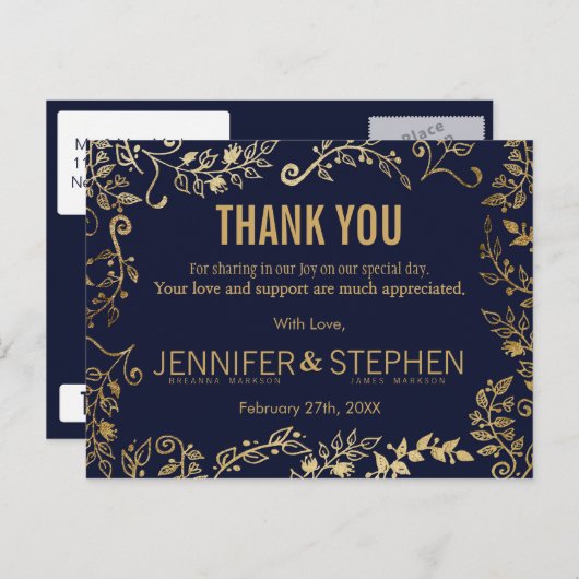 Elegant Navy Blue und Gold Floral Vielen Dank Postkarte (Vorne/Hinten)