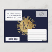 Elegant Navy Blue und Gold Floral Vielen Dank Postkarte (Rückseite)