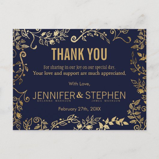 Elegant Navy Blue und Gold Floral Vielen Dank Postkarte (Vorderseite)