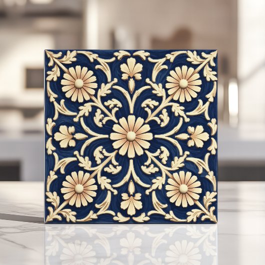Elegant Navy Blue und Ivory Daisy Fliese