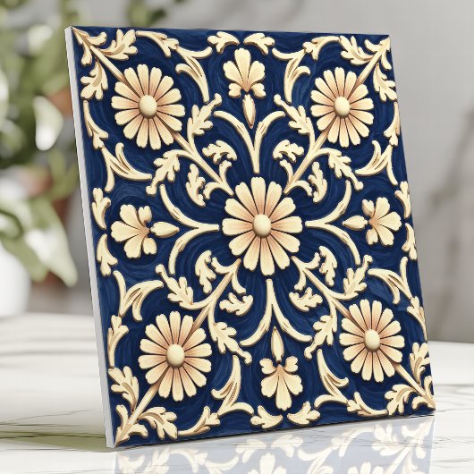 Elegant Navy Blue und Ivory Daisy Fliese