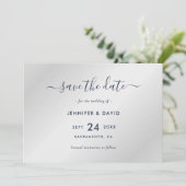 Elegant Navy Blue und Silver Wedding Save The Date (Stehend Vorderseite)
