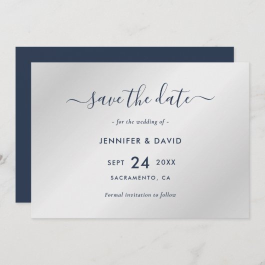 Elegant Navy Blue und Silver Wedding Save The Date (Vorne/Hinten)