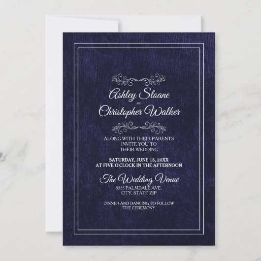 Elegant Navy Blue Velvet White Monogram Wedding Einladung (Vorderseite)