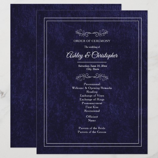Elegant Navy Blue Velvet White Wedding Program (Vorne/Hinten)