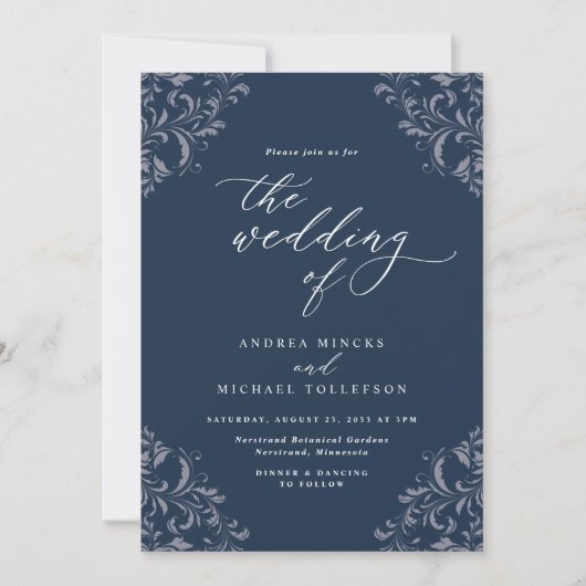 Elegant Navy Blue Vintage Hochzeiten Einladungen (Vorderseite)