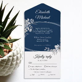 Elegant Navy Blue Watercolor Floral Wedding RSVP All In One Einladung