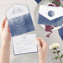 Elegant Navy Blue Watercolor Monogram Wedding