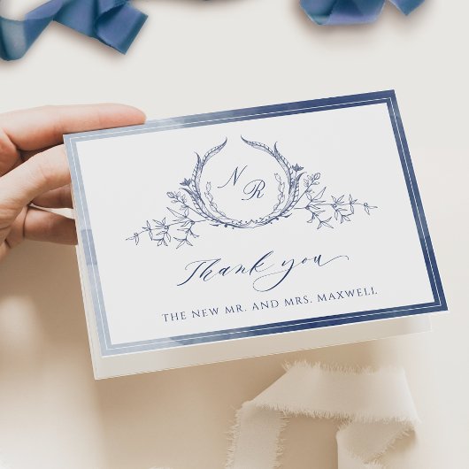 Elegant Navy Blue Watercolor Monogram Wedding Dankeskarte