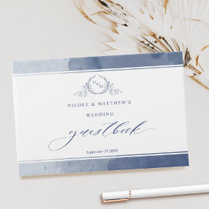 Elegant Navy Blue Watercolor Monogram Wedding Gästebuch