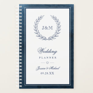 Elegant Navy Blue Watercolor Monogram Wedding Planer