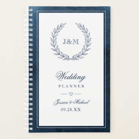 Elegant Navy Blue Watercolor Monogram Wedding Planer (Vorderseite)