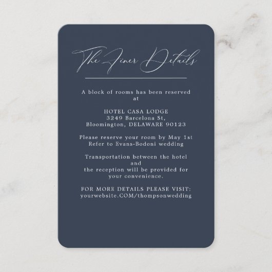 Elegant Navy Blue Wedding Details Begleitkarte (Vorderseite)