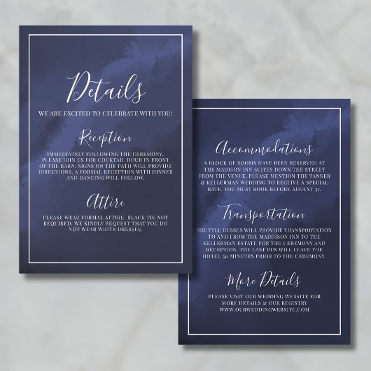 Elegant Navy Blue Wedding Details Begleitkarte