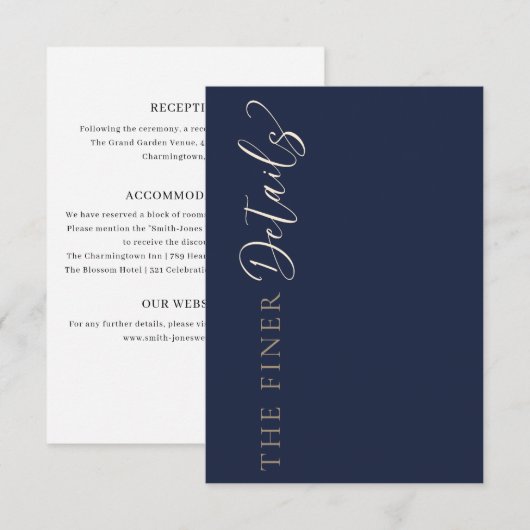 Elegant Navy Blue Wedding Details Begleitkarte (Vorne/Hinten)