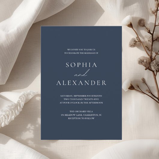 Elegant Navy Blue Wedding Modern Script Einladung