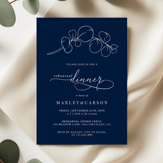 Elegant Navy Blue Wedding Rehearsal Dinner Einladung
