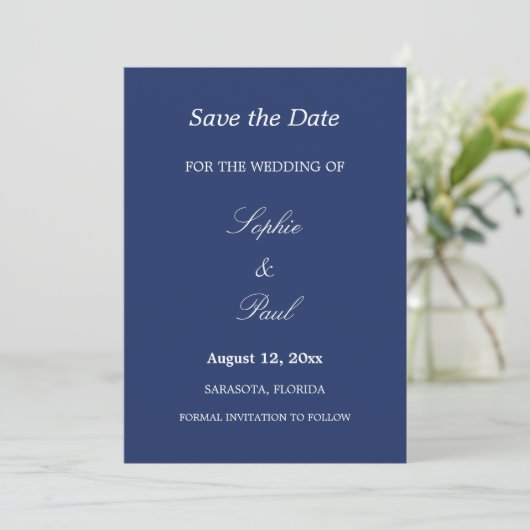 Elegant Navy Blue Wedding Save the Date (Stehend Vorderseite)