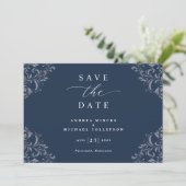 Elegant Navy Blue Wedding Save the Date Cards (Stehend Vorderseite)