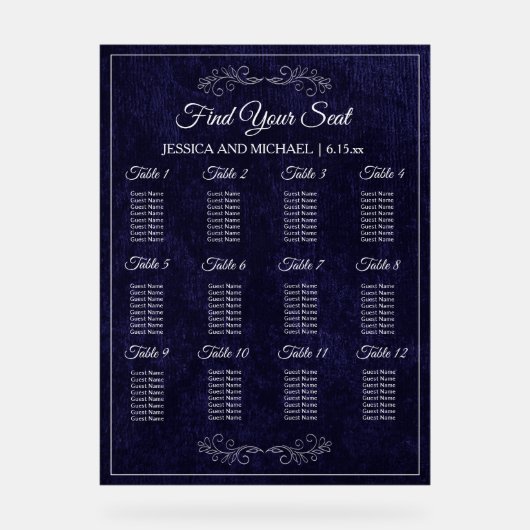 Elegant Navy Blue Wedding Seating Chart  Acrylschild (Vorderseite)