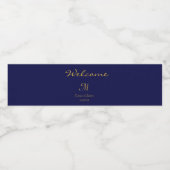 Elegant Navy Blue Welcome Script Monogram Wasserflaschenetikett (Einzelnes Label)