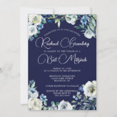 Elegant Navy Blue White Floral Moderner Bat Mitzva Einladung (Vorderseite)