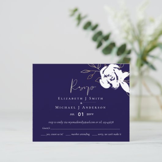 Elegant Navy Blue White Gold Wedding RSVP (Stehend Vorderseite)