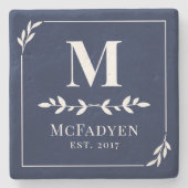 Elegant Navy Blue & White Greenerity Monogram Steinuntersetzer (Vorderseite)
