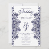 Elegant Navy Blue White Lace Romantic Wedding Invi Einladung (Vorderseite)