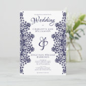 Elegant Navy Blue White Lace Romantic Wedding Invi Einladung (Stehend Vorderseite)