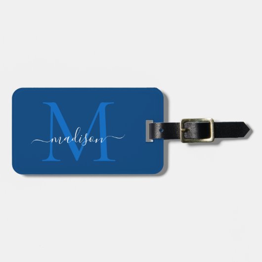 Elegant Navy Blue White Monogram Script Name Gepäckanhänger (Vorderseite horizontal)