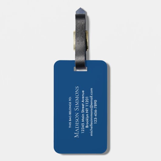 Elegant Navy Blue White Monogram Script Name Gepäckanhänger (Rückseite vertikal)