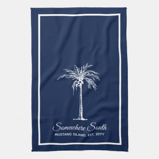 Elegant Navy Blue White Palm Tree Personalisiert Geschirrtuch (Vertikal)