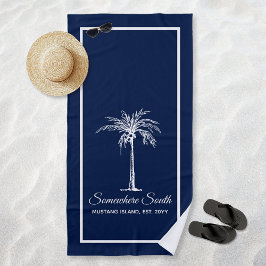 Elegant Navy Blue White Palm Tree Personalisiert Strandtuch