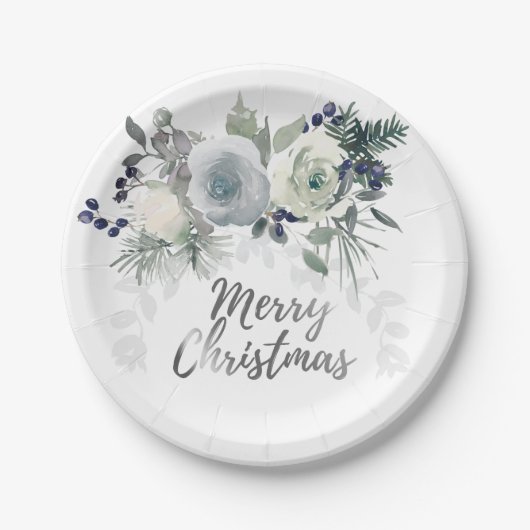Elegant Navy Blue White Rose Frohe Weihnachten Pappteller (Vorderseite)