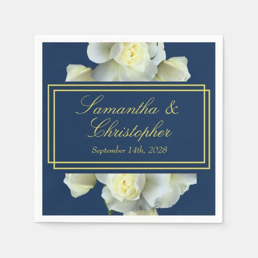 Elegant Navy Blue White Roses Minimal Gold Script Serviette (Vorderseite)
