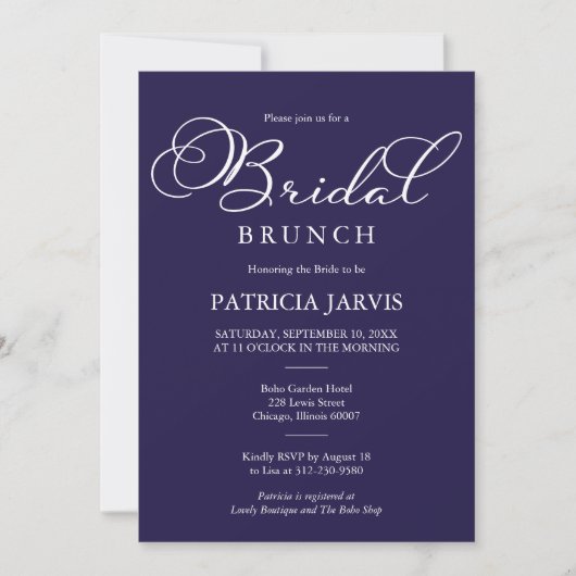 Elegant Navy Blue White Script Bridal Brunch Einladung (Vorderseite)