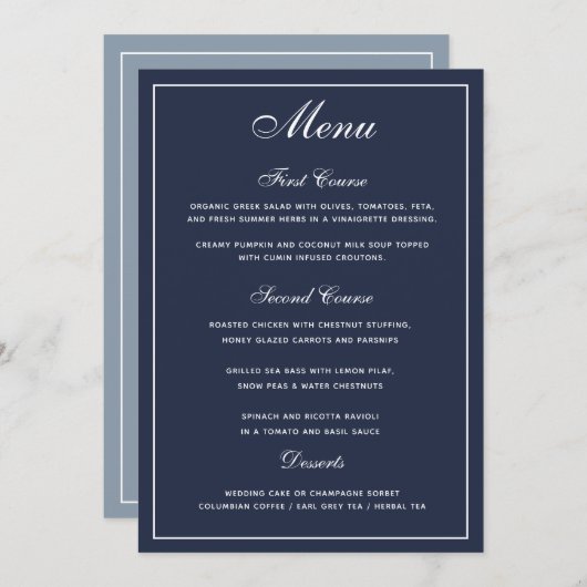Elegant Navy Blue White Script Wedding Menu Menükarte (Vorne/Hinten)