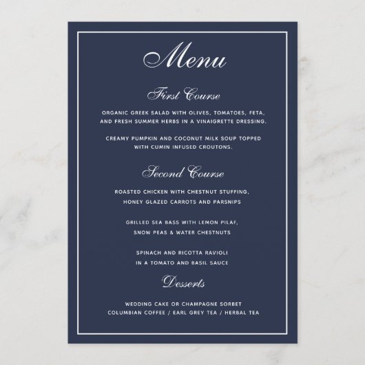 Elegant Navy Blue White Script Wedding Menu Menükarte (Vorderseite)